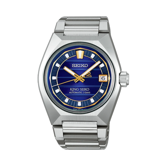 King Seiko Vanac herreklokke med automatisk verk, blå tallskive og kasse og lenke i stål