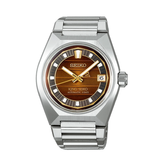 King Seiko Vanac herreklokke med automatisk verk, brun tallskive og kasse og lenke i stål. Limited edition.