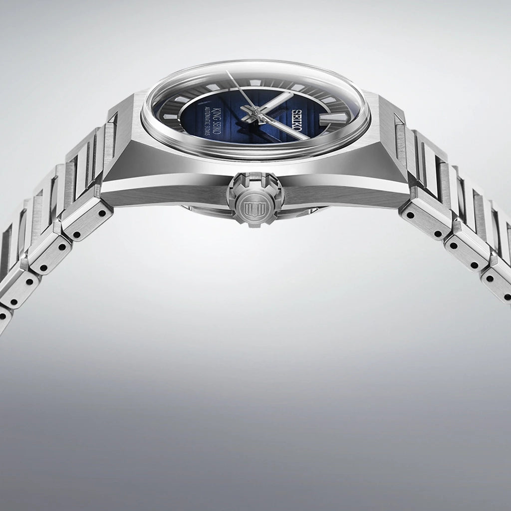 King Seiko Vanac herreklokke med automatisk verk, blå tallskive og kasse og lenke i stål