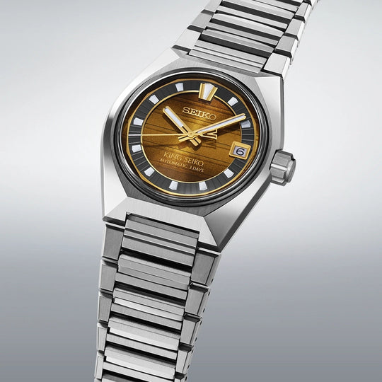 King Seiko Vanac herreklokke med automatisk verk, brun tallskive og kasse og lenke i stål. Limited edition.