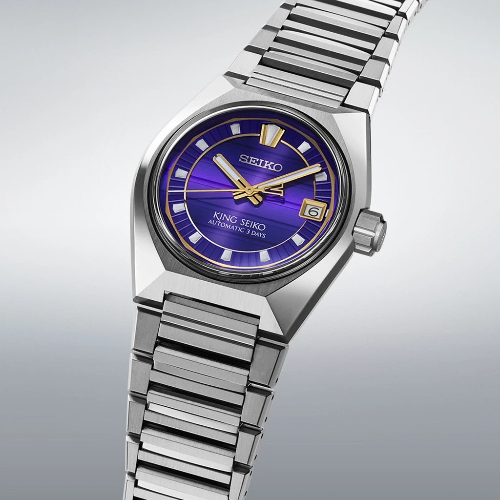 King Seiko Vanac herreklokke med automatisk verk, blå tallskive og kasse og lenke i stål