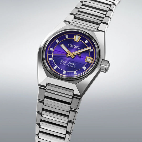 King Seiko Vanac herreklokke med automatisk verk, blå tallskive og kasse og lenke i stål