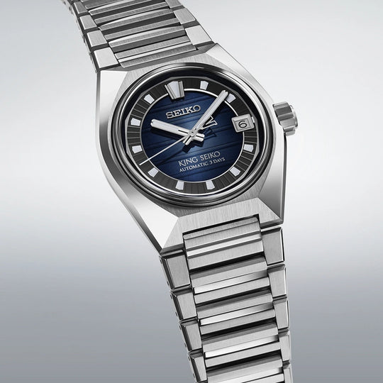 King Seiko Vanac herreklokke med automatisk verk, blå tallskive og kasse og lenke i stål