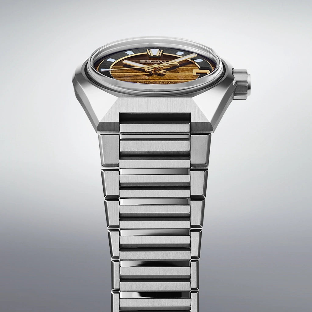 King Seiko Vanac herreklokke med automatisk verk, brun tallskive og kasse og lenke i stål. Limited edition.