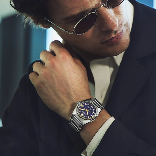 King Seiko Vanac herreklokke med automatisk verk, blå tallskive og kasse og lenke i stål