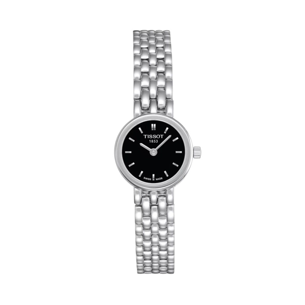 Tissot Lovely dameklokke på 19,5 mm med sort skive i stål. 30 meter vanntett.