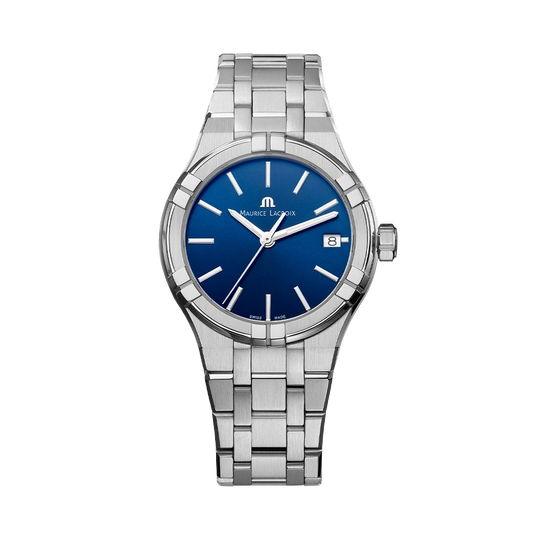 Maurice Lacroix Aikon AI1106-SS002-430-1 35 mm dameklokke med quartzverk, blå skive og kasse og lenke i stål.