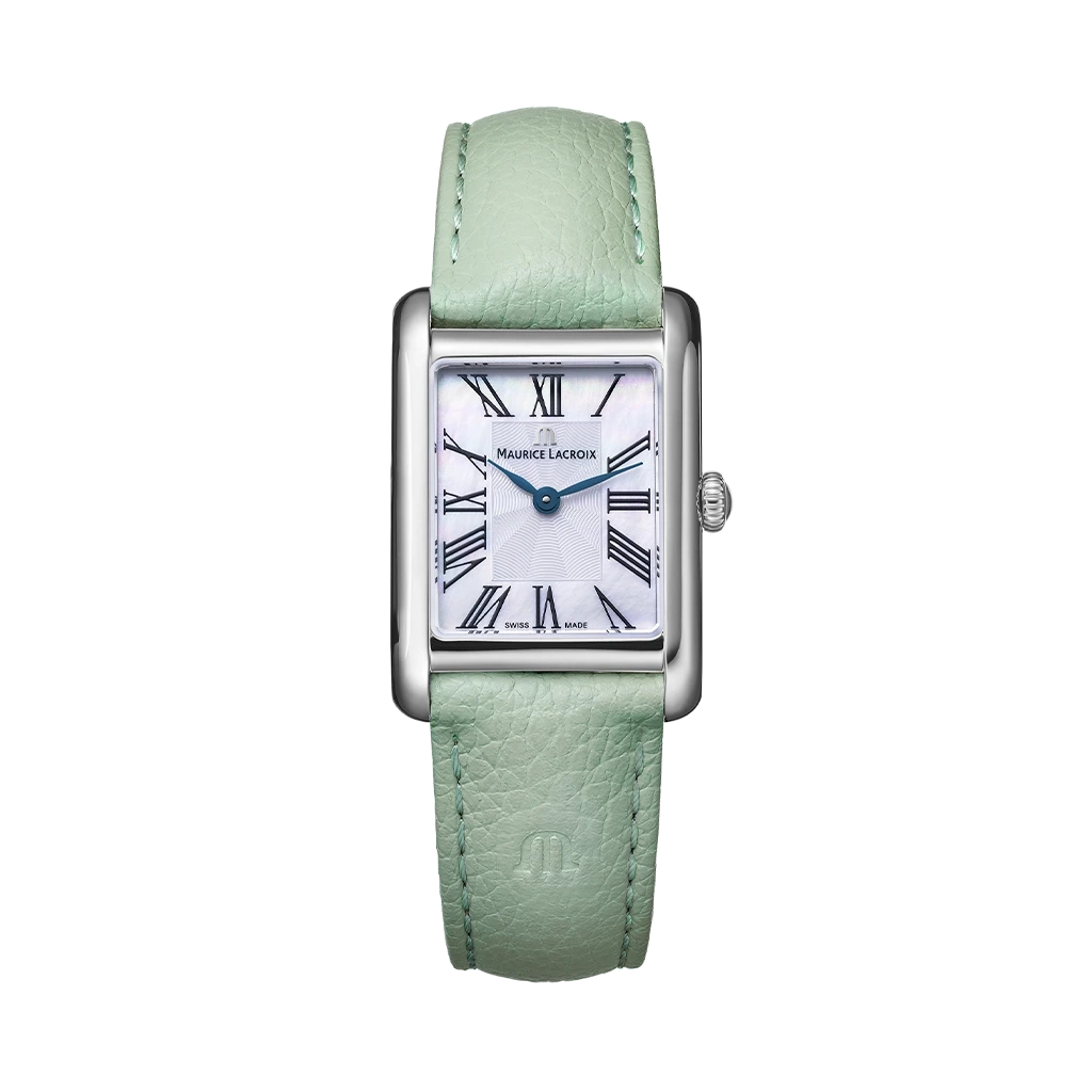 Maurice Lacroix Fiaba Square til dame str 24 x 34 mm. Hvit perlemorskive med romertall, grønn rem og quartzverk.