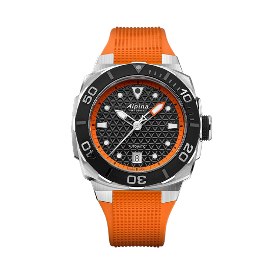 Alpina Seastrong Diver Extreme Automatic herreklokke med sort og oransje skive, kasse i stål og oransje gummirem med foldelås.