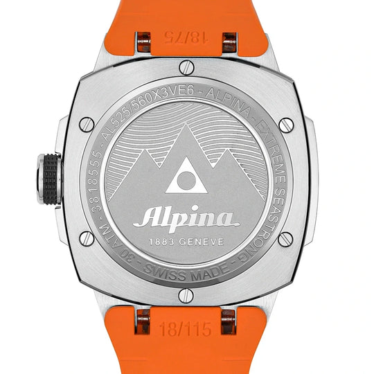 Alpina Seastrong Diver Extreme Automatic herreklokke med sort og oransje skive, kasse i stål og oransje gummirem med foldelås.