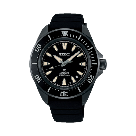 Seiko Prospex dykkerklokke til herre med sort kasse, sort skive og sort rem. 200 meter vanntett.