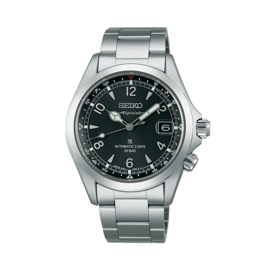 Seiko Prospex Alpinist SPB505J1 med sort skive, kasse og lenke i stål. 72 timer gangreserve - 200 meter vanntett.