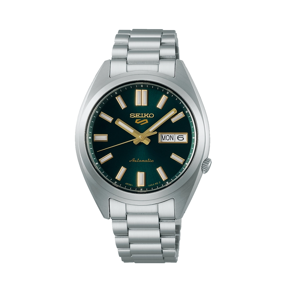 Seiko 5 Sports SNXS er et ur for både dame og herre på 37.4 mm, med grønn skive og kasse og lenke i stål. 100 meter vanntett.