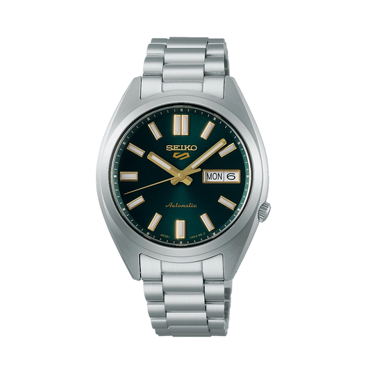 Seiko 5 Sports SNXS er et ur for både dame og herre på 37.4 mm, med grønn skive og kasse og lenke i stål. 100 meter vanntett.