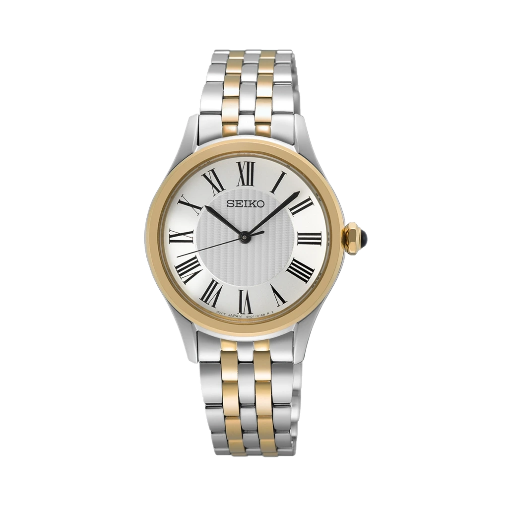 Seiko dameklokke med kasse og lenke i tofarget stål og quartzverk