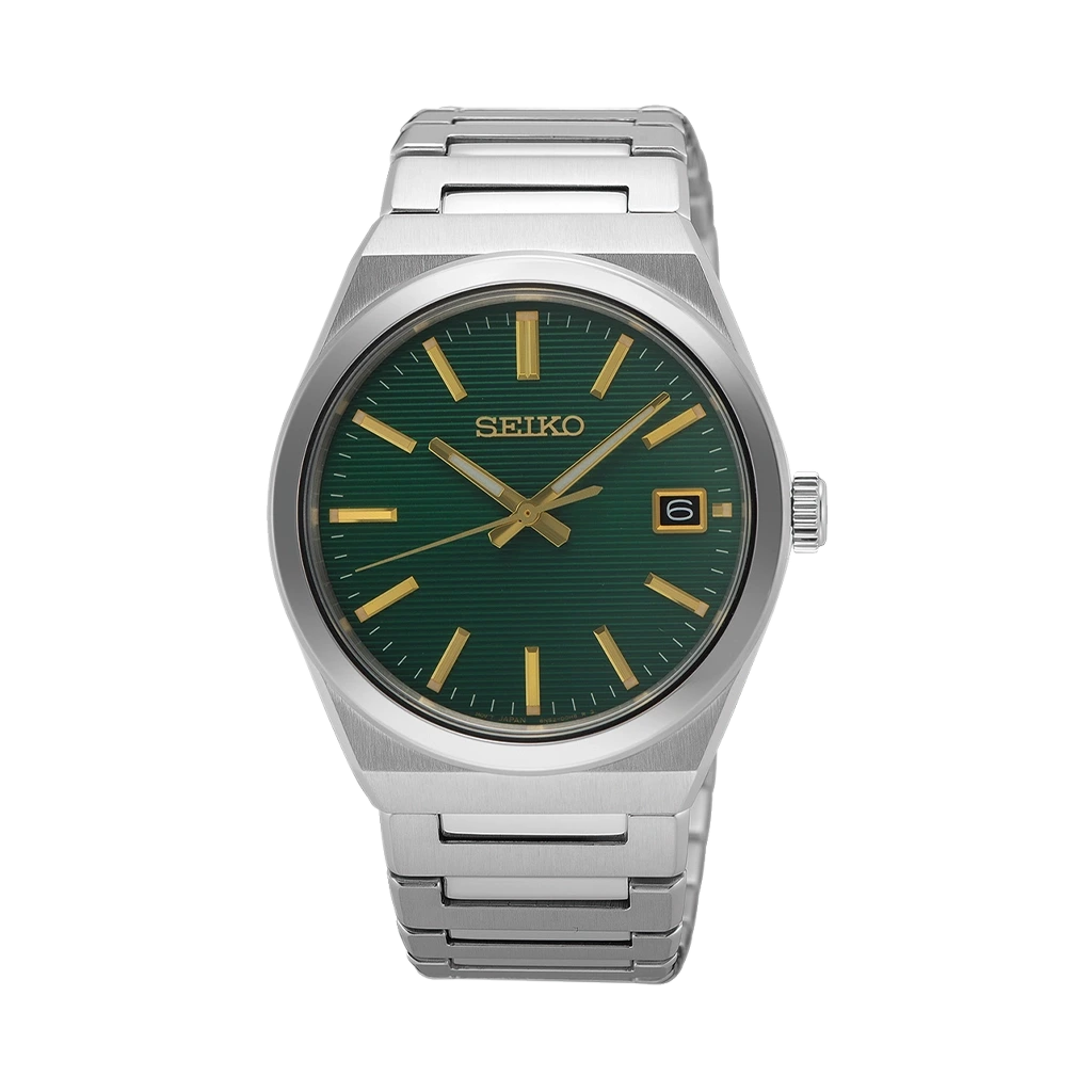 Seiko herreklokke med grønn skive og stållenke.