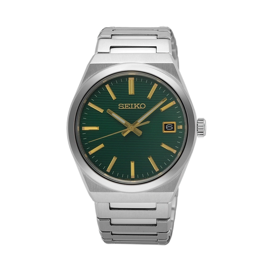 Seiko herreklokke med grønn skive og stållenke.