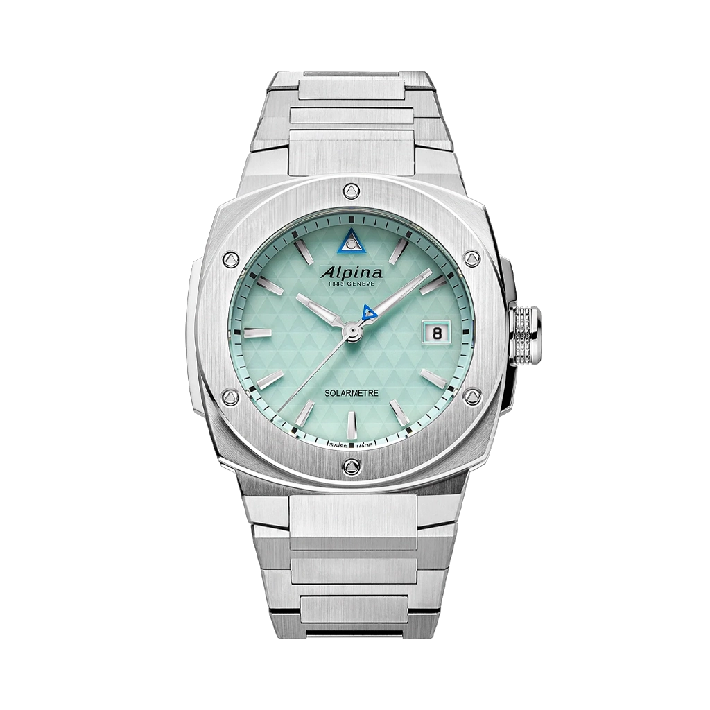 Alpina Alpiner Solarmetre i stål med lysgrønn skive har batterivarighet på 10 måneder uten eksponering for lys. 100 meter vanntett.