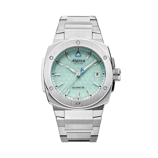 Alpina Alpiner Solarmetre i stål med lysgrønn skive har batterivarighet på 10 måneder uten eksponering for lys. 100 meter vanntett.