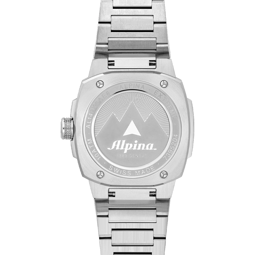 Alpina Alpiner Solarmetre i stål med lysgrønn skive har batterivarighet på 10 måneder uten eksponering for lys. 100 meter vanntett.