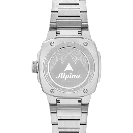 Alpina Alpiner Solarmetre i stål med lysgrønn skive har batterivarighet på 10 måneder uten eksponering for lys. 100 meter vanntett.