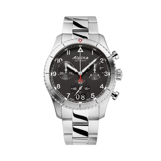 Alpina Startimer Pilot Quartz Chronograph Big Date herreklokke med sort skive, kasse og lenke i stål.