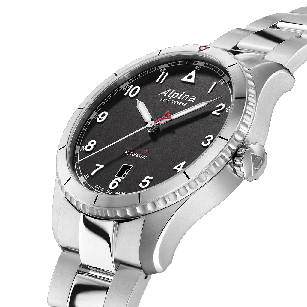 Alpina Startimer Pilot Automatic herreklokke på 41 mm med sort skive, kasse og lenke i stål. 100 meter vanntett.