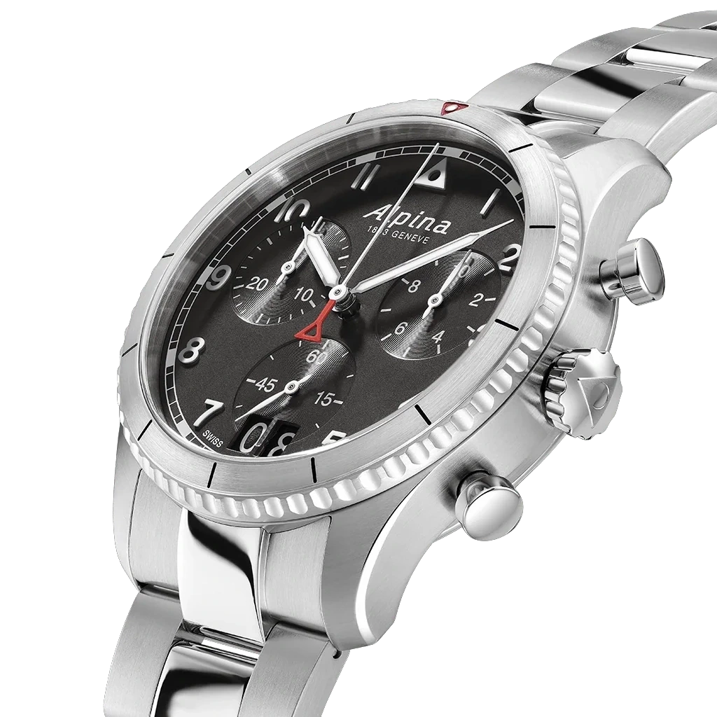 Alpina Startimer Pilot Quartz Chronograph Big Date herreklokke med sort skive, kasse og lenke i stål.