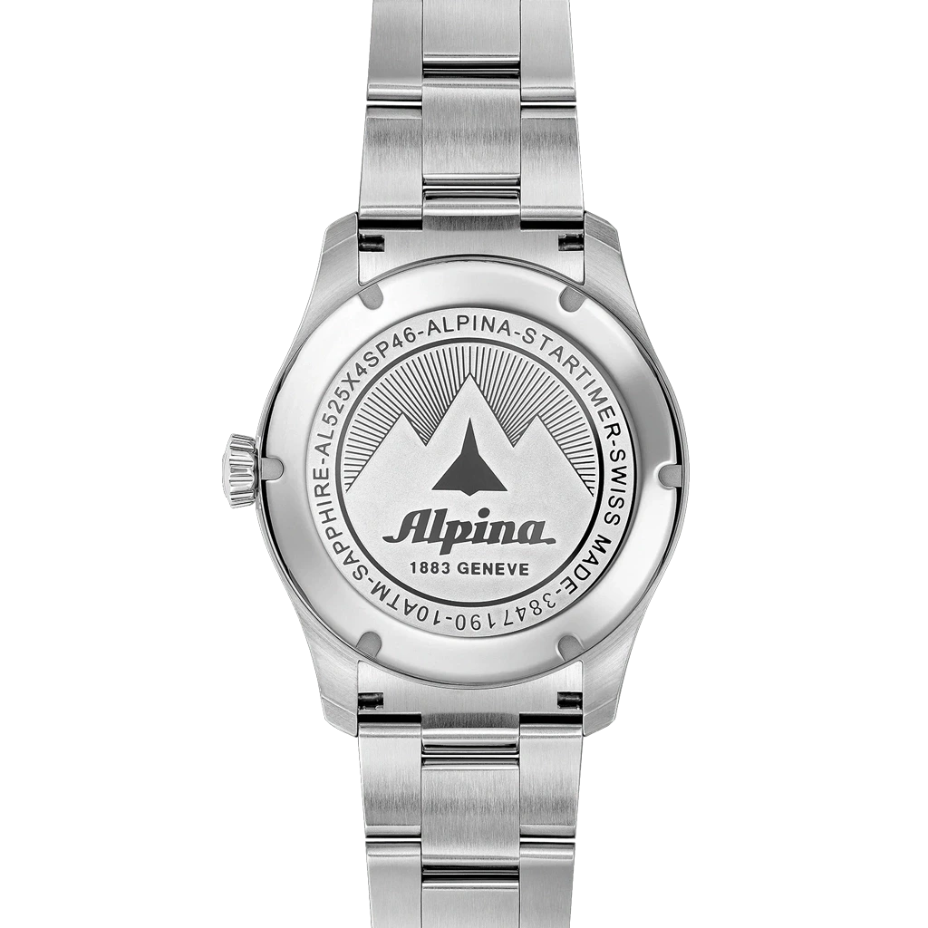 Alpina Startimer Pilot Automatic herreklokke på 41 mm med sort skive, kasse og lenke i stål. 100 meter vanntett.