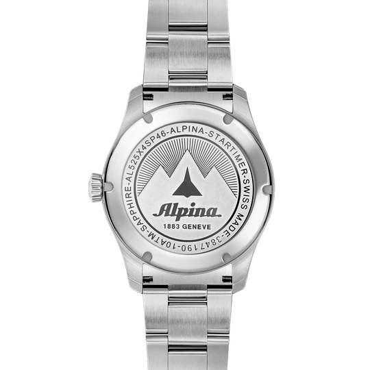 Alpina Startimer Pilot Automatic herreklokke på 41 mm med sort skive, kasse og lenke i stål. 100 meter vanntett.