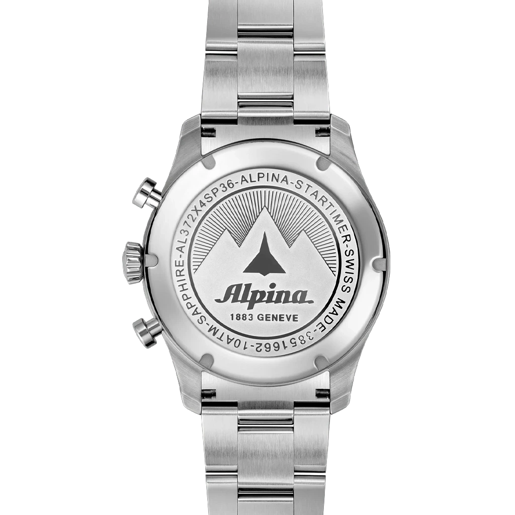 Alpina Startimer Pilot Quartz Chronograph Big Date herreklokke med sort skive, kasse og lenke i stål.