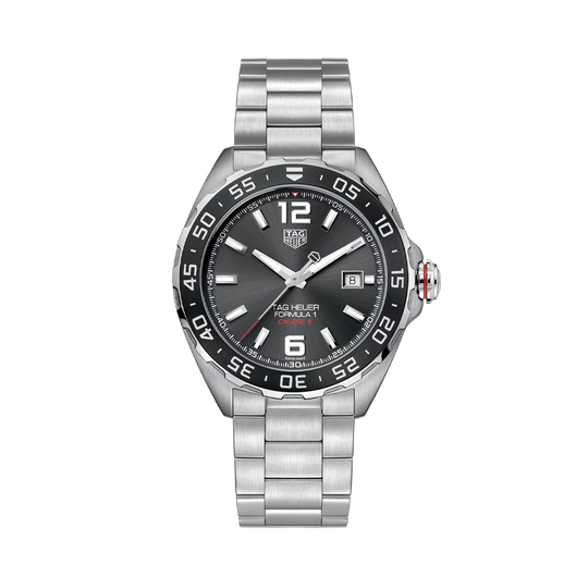TAG Heuer Formula 1 med calibre 5 automatisk urverk, kasse og lenke i stål og grå sunray tallskive. 200 meter vanntett.