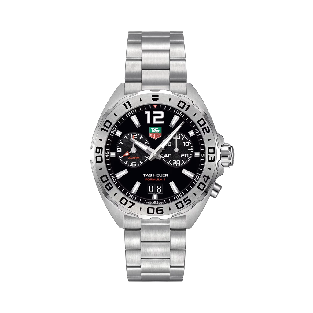 TAG Heuer Formula 1 på 41 mm med sort skive med chronograph. Kasse og lenke i stål. 200 meter vanntett.