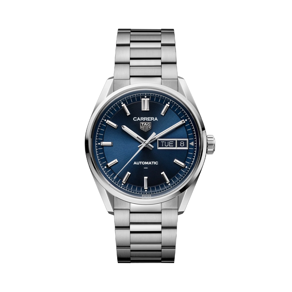 TAG Heuer Carrera Day-Date til herre på 41 mm med blå skive med dag og dato. Kasse og lenke i stål. 100 meter vanntett.