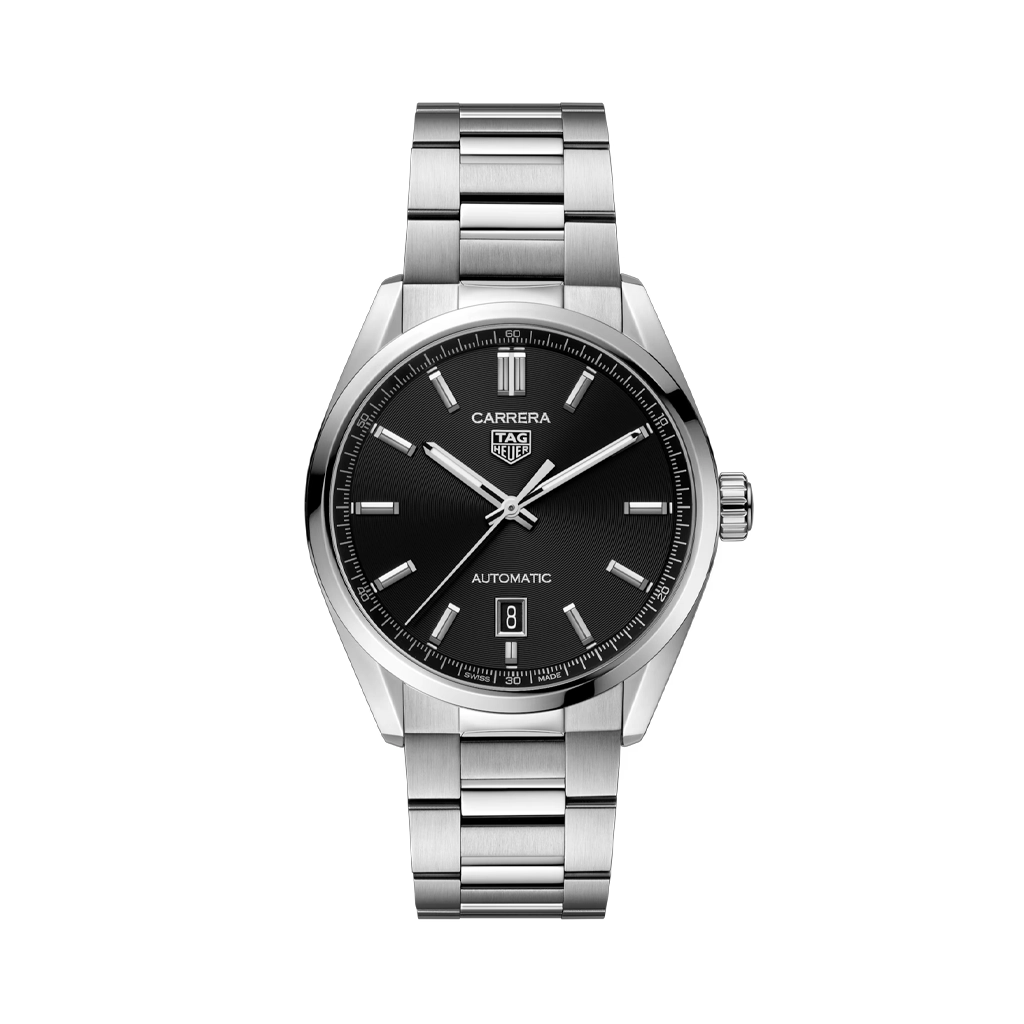 TAG Heuer Carrera med en finbørstet stålkasse og sort urskive. Passer både dame og herre med sin 39 mm stålkasse. Lenke i stål. Automatisk urverk.