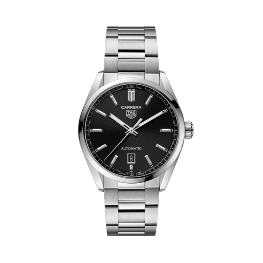 TAG Heuer Carrera med en finbørstet stålkasse og sort urskive. Passer både dame og herre med sin 39 mm stålkasse. Lenke i stål. Automatisk urverk.
