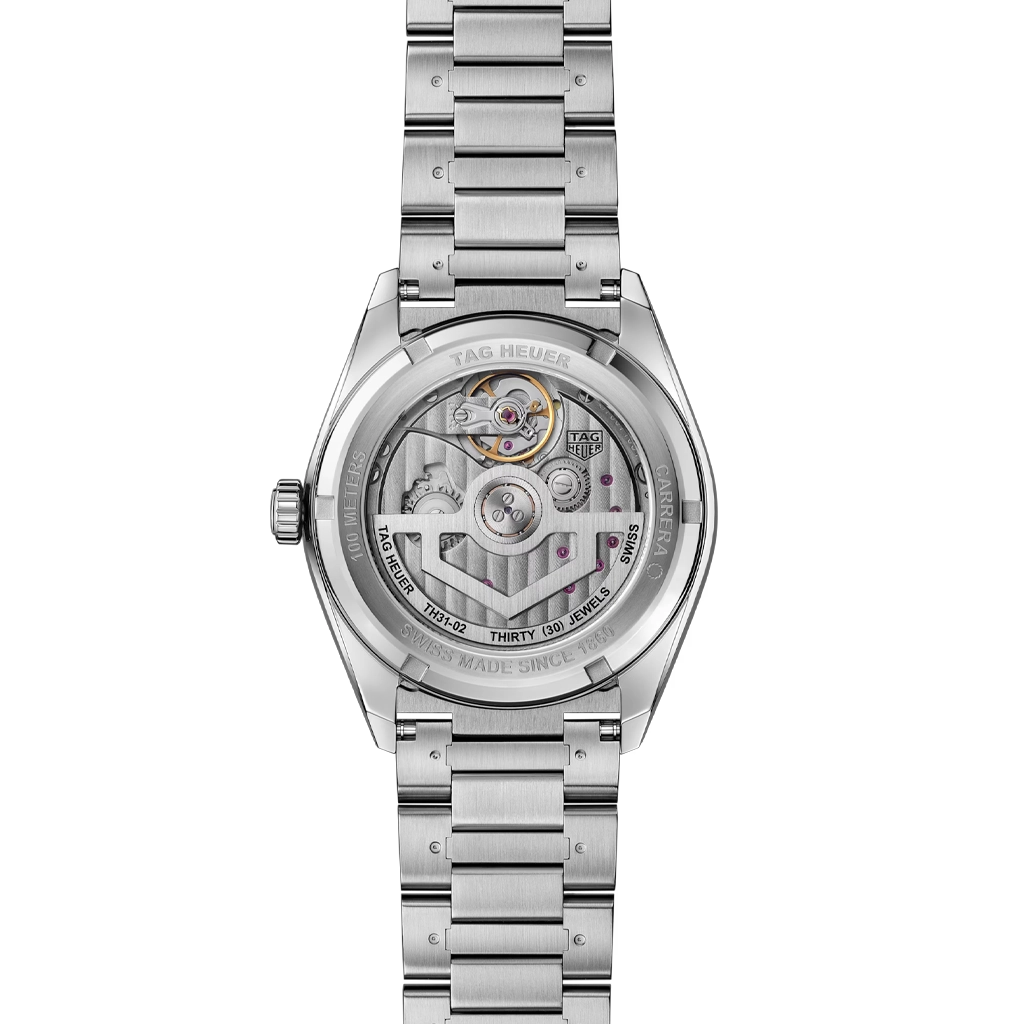 TAG Heuer Carrera Day-Date til herre på 41 mm med blå skive med dag og dato. Kasse og lenke i stål. 100 meter vanntett.