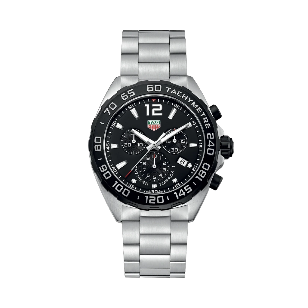 TAG Heuer Formula 1 Chronograph CAZ1010.BA0842 til herre med kasse og lenke i stål og sort skive.