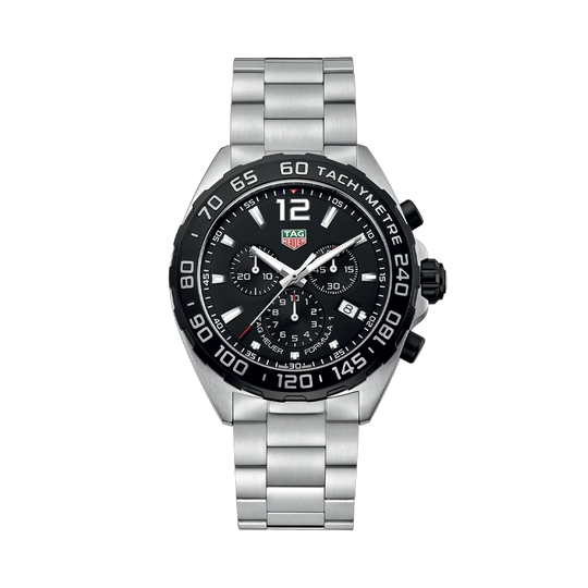 TAG Heuer Formula 1 Chronograph CAZ1010.BA0842 til herre med kasse og lenke i stål og sort skive.