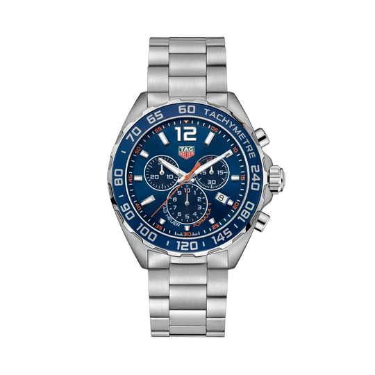 TAG Heuer Formula 1 Chronograph CAZ1014.BA0842 herreklokke på 43 mm med blå skrive, bezel med tachymeter og stållenke med foldelås.