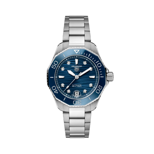 TAG Heuer Aquaracer Professional 300 Date dameklokke på 36 mm med automatisk verk, blå tallskive med diamanter og stållenke.