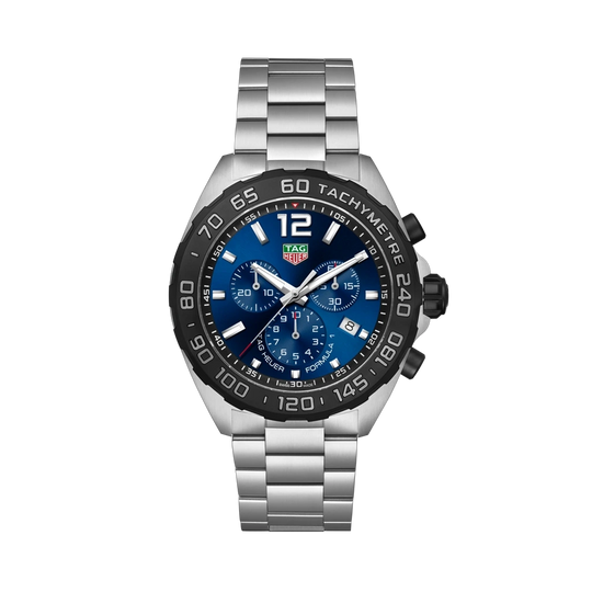 TAG Heuer Formula 1 Chronograph CAZ101AV.BA0842 herreklokke på 43 mm med blå skive, sort bezel med tachymeter og lenke med stål.