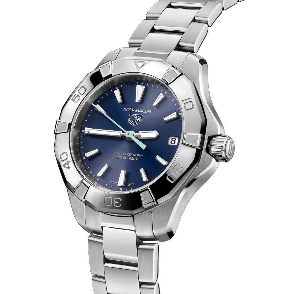 TAG Heuer Aquaracer Professional 200 Solargraph WBP1311.BA0005 dameklokke på 43 mm med blå skive, stållenke med foldelås og automatisk verk.