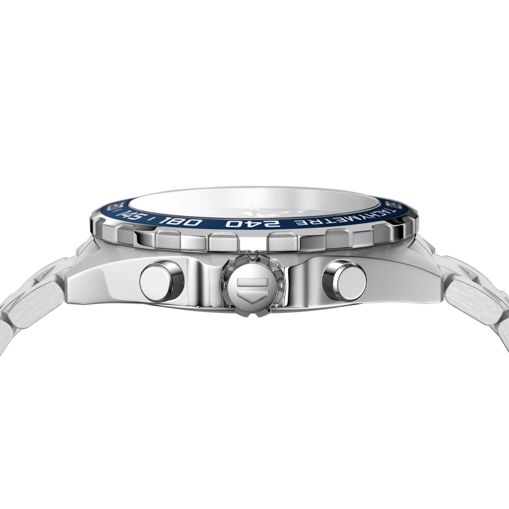 TAG Heuer Formula 1 Chronograph CAZ1014.BA0842 herreklokke på 43 mm med blå skrive, bezel med tachymeter og stållenke med foldelås.
