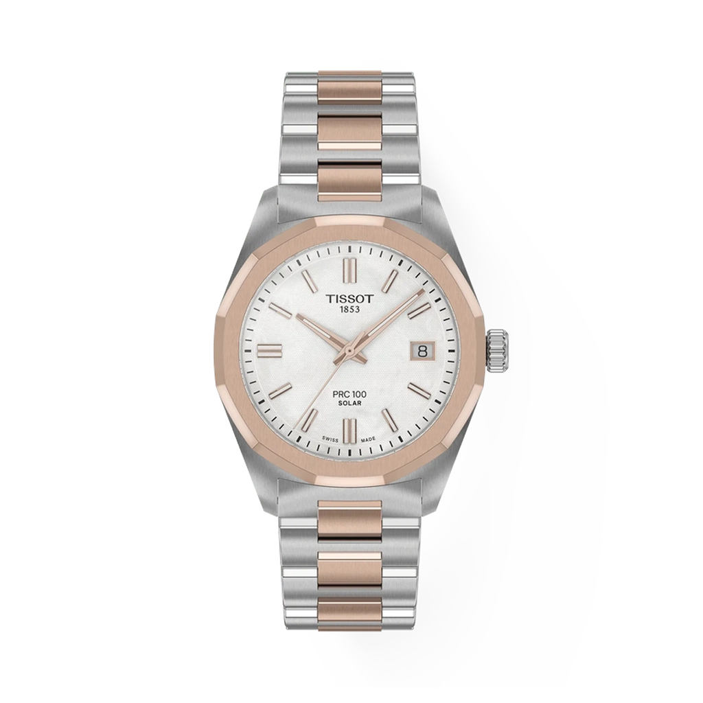 Tissot PRC 100 til dame på 34 mm i tofarget stål med hvit perlemorskive, lenke og quartzverk. 100 meter vanntett.