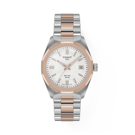 Tissot PRC 100 til dame på 34 mm i tofarget stål med hvit perlemorskive, lenke og quartzverk. 100 meter vanntett.