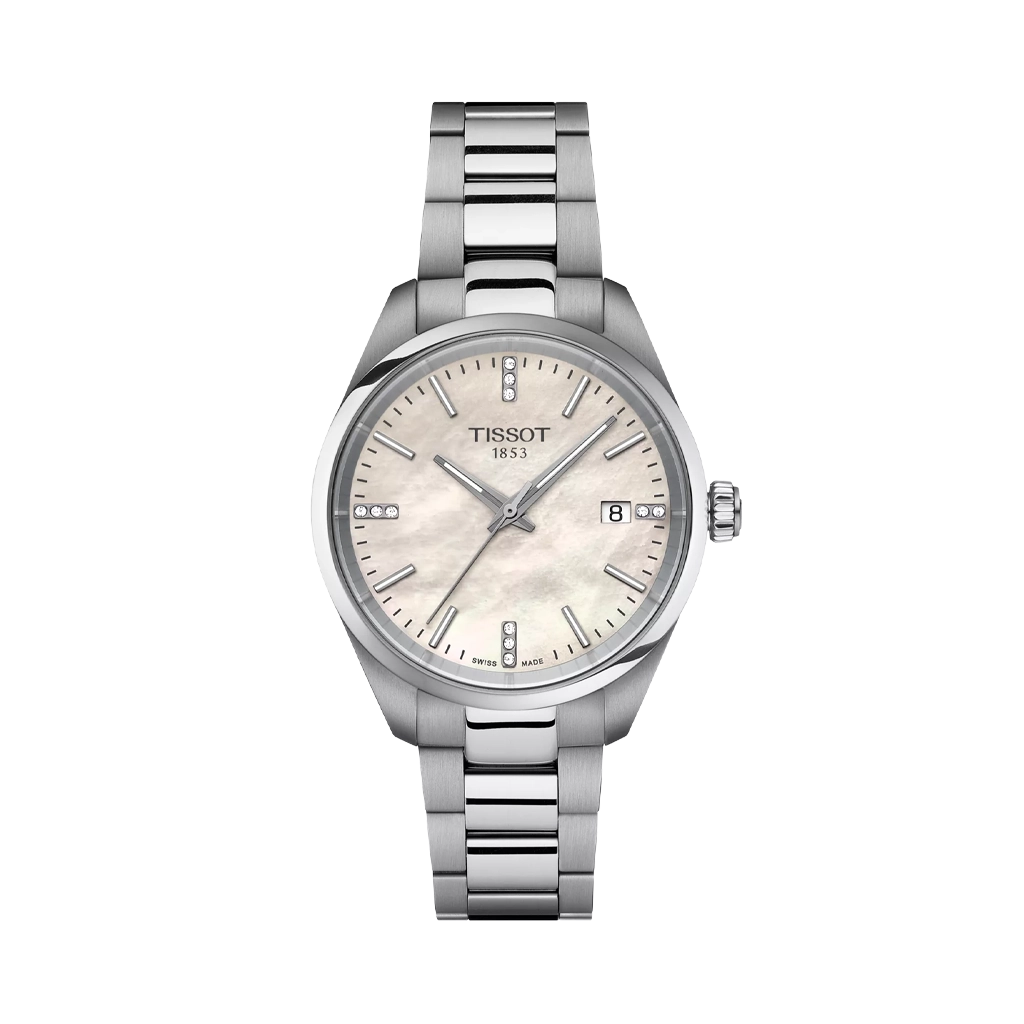 Tissot PR 100 til dame på 34 mm, med hvit perlemorskrive med diamanter, stållenke og quartzverk. 100 meter vanntett.
