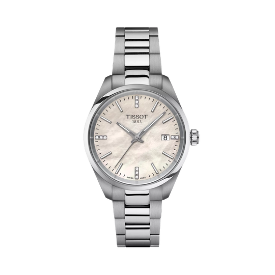 Tissot PR 100 til dame på 34 mm, med hvit perlemorskrive med diamanter, stållenke og quartzverk. 100 meter vanntett.