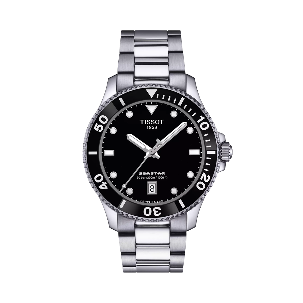  Tissot Seastar 1000 dykkerklokke med robust stålkasse, safirglass og opptil 300 m vanntetthet. 
