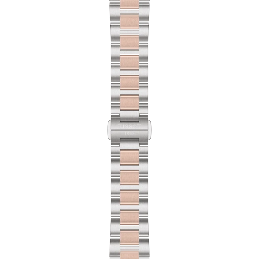 Tissot PRC 100 til dame på 34 mm i tofarget stål med hvit perlemorskive, lenke og quartzverk. 100 meter vanntett.